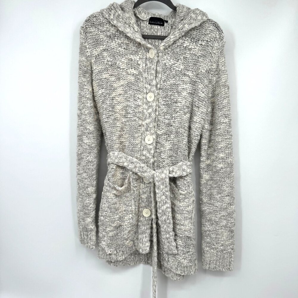 Brittany Black Sweater Womens Large white Long Knit Ribbed Hooded Cardigan woman